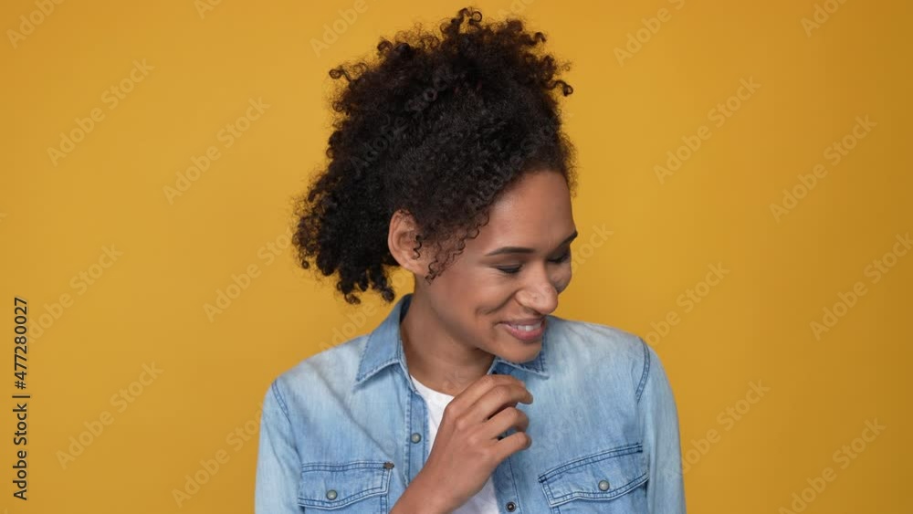 Cute lady toothy smiling camera feel shy isolated shine color background Cute lady toothy smiling camera feel shy isolated shine color background