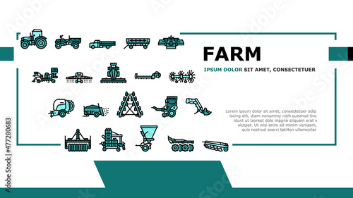 Farm Equipment And Transport Landing Web Page Header Banner Template Vector. Baler Manure Spreader, Hydroponic And Transplanter Machinery Farm Equipment Line. Tractor Truck Farmland Car Illustration