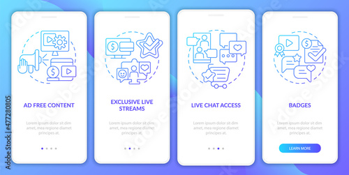 Paid subscription features blue gradient onboarding mobile app screen. Walkthrough 4 steps graphic instructions pages with linear concepts. UI, UX, GUI template. Myriad Pro-Bold, Regular fonts used