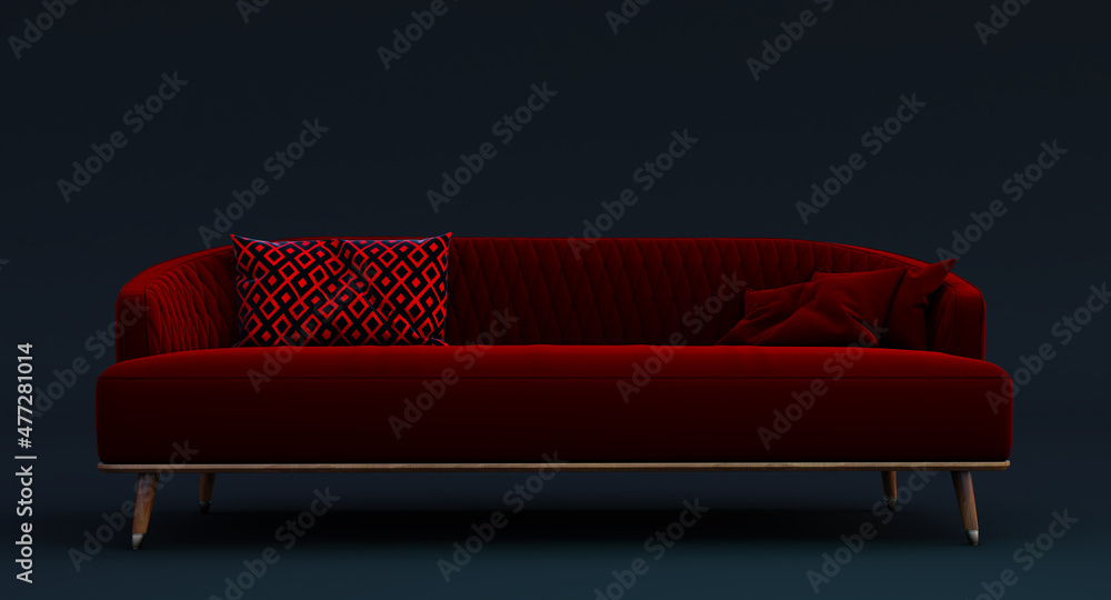 3D render of Red fabric sofa with pillows isolated on dark background. 3D render of Red fabric sofa with pillows isolated on dark background.