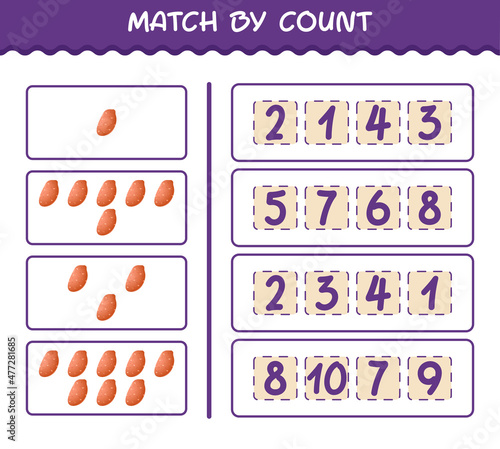 Match by count of cartoon sweet potato. Match and count game. Educational game for pre shool years kids and toddlers