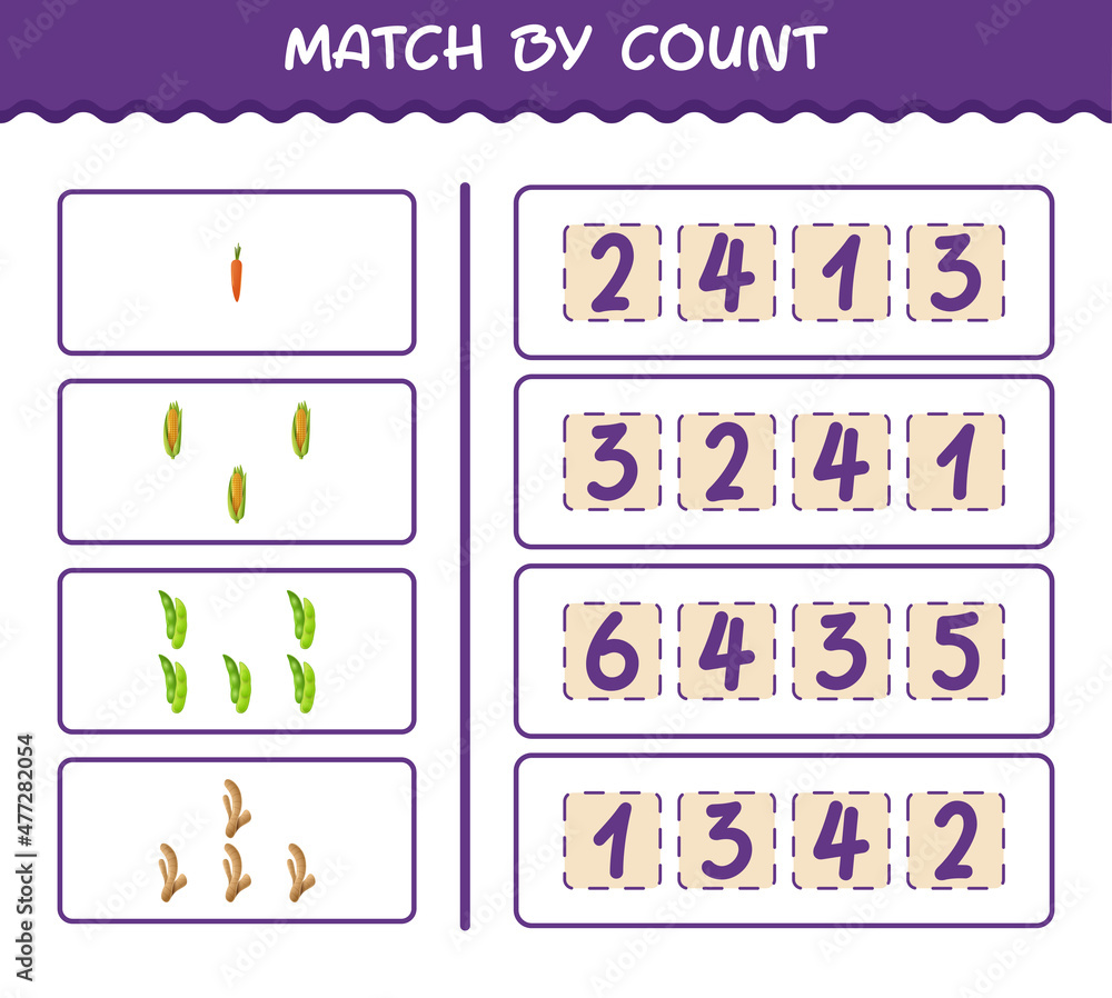Match by count of cartoon vegetables. Match and count game. Educational game for pre shool years kids and toddlers Match by count of cartoon vegetables. Match and count game. Educational game for pre shool years kids and toddlers
