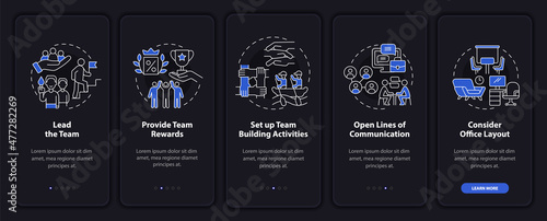 Promoting teamwork night mode onboarding mobile app screen. Tips walkthrough 5 steps graphic instructions pages with linear concepts. UI, UX, GUI template. Myriad Pro-Bold, Regular fonts used