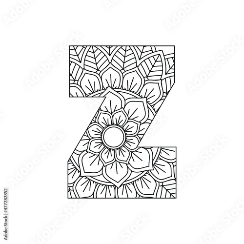 Alphabet Mandala, Mandala style letter, Alphabet letter coloring page for adults and kids, illustration 