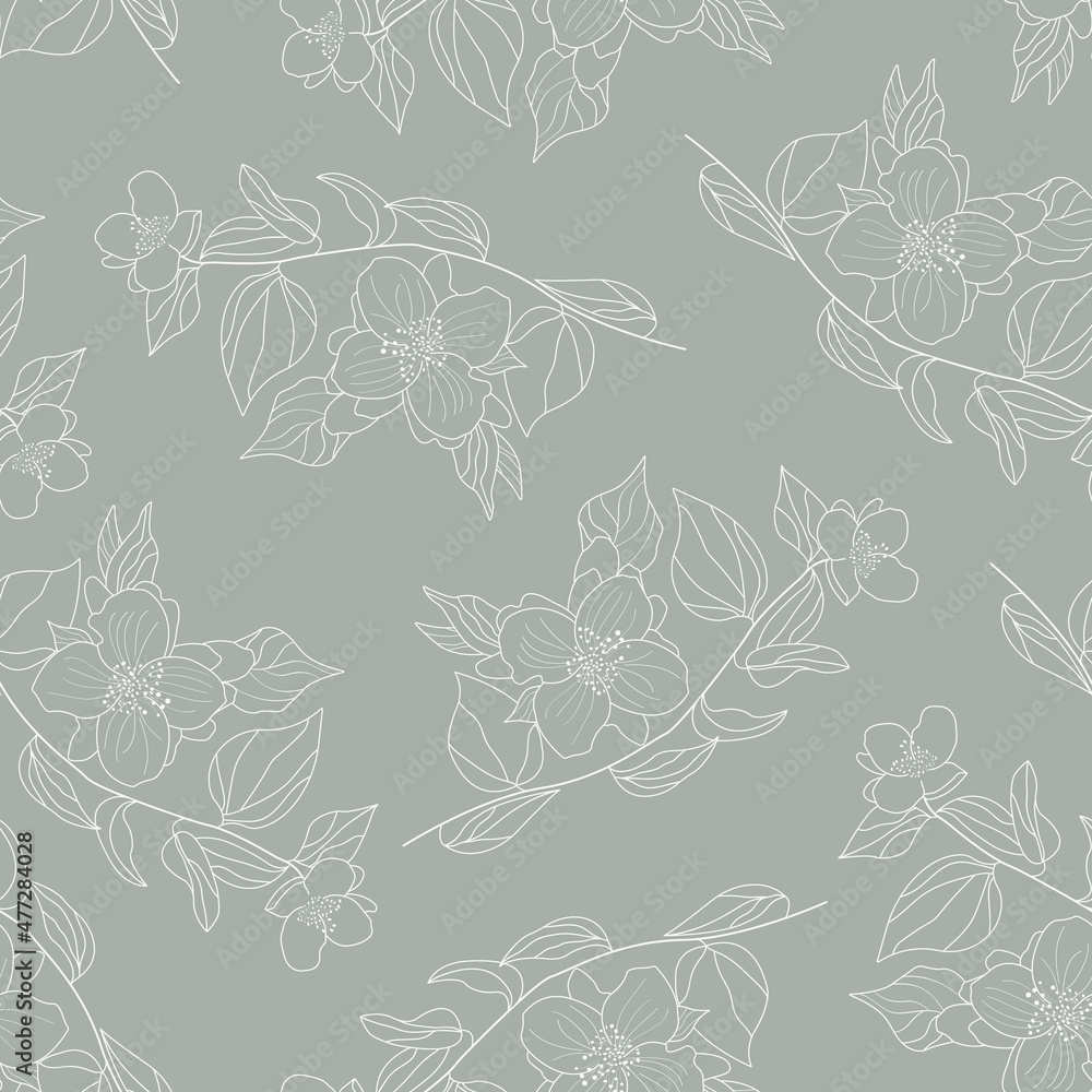 Jasmine flowers seamless pattern. Botanical delicate background in line art style. Spring flowers on a beige background. Vector illustration of a jasmine flower and branches with leaves. Jasmine flowers seamless pattern. Botanical delicate background in line art style. Spring flowers on a beige background. Vector illustration of a jasmine flower and branches with leaves.
