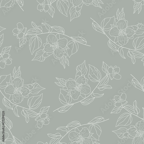 Jasmine flowers seamless pattern. Botanical delicate background in line art style. Spring flowers on a beige background. Vector illustration of a jasmine flower and branches with leaves.