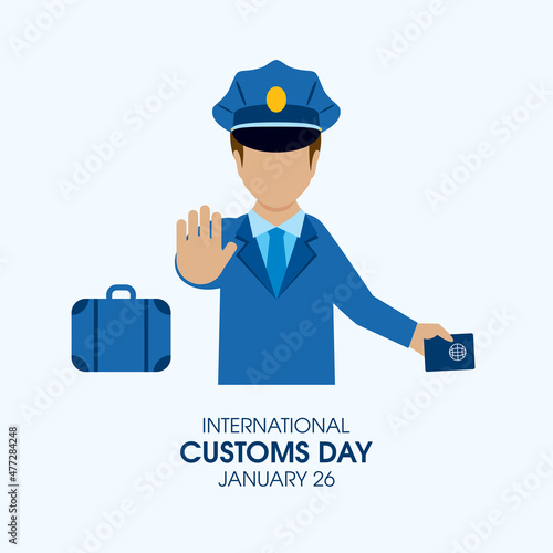 International Customs Day vector. Customs officer man in uniform with a passport icon vector. Security guard icon. Border security vector. Customs Day Poster, January 26. Important day photo
