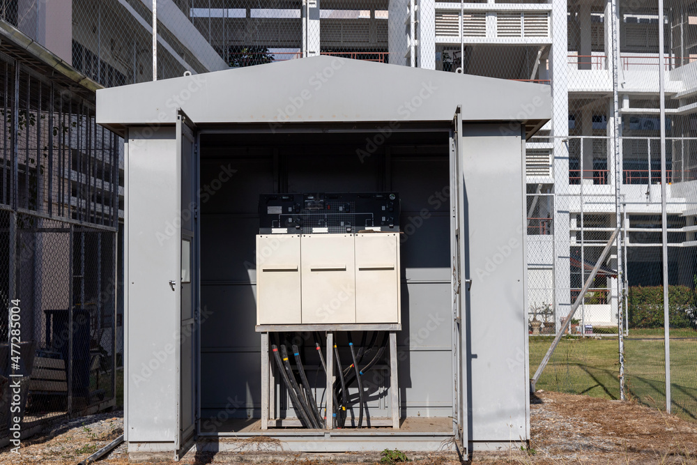 Electric control high voltage relay house. Electrical relay cabin