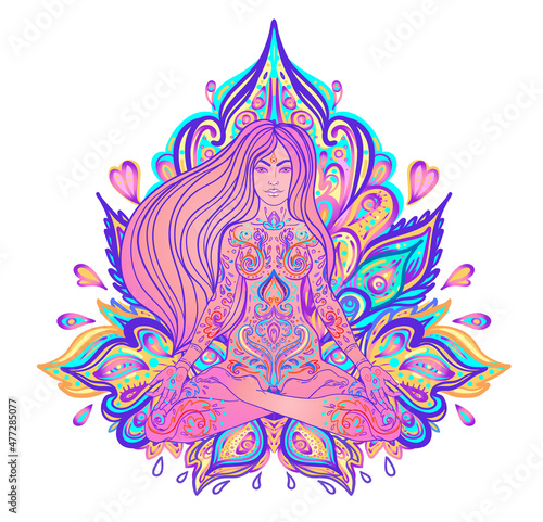 Beautiful Girl sitting in lotus position over ornate colorful neon background. Vector illustration. Psychedelic mushroom composition. Buddhism esoteric motifs. Tattoo, spiritual yoga.
