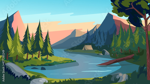 Camping outdoors concept in flat cartoon design. Mountains view, fir forest, tent by lake or river. Active recreation, hiking and tourism in woodland. Natural scenery. Vector illustration background