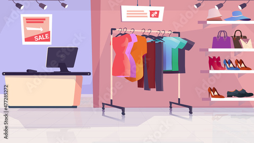 Clothing shop interior concept in flat cartoon design. Showroom of store with assortment and furniture. Clothes on hanger, shoes and accessories on shelves, counter. Vector illustration background