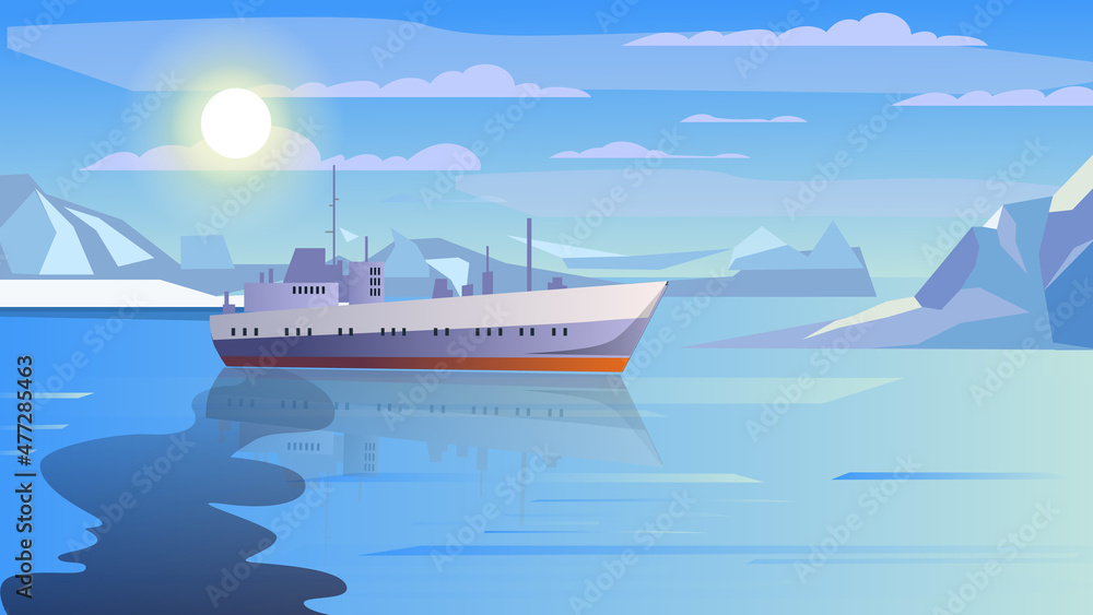 Fototapeta premium Petroleum pollution from ship concept in flat cartoon design. Tanker transports oil products and pollutes water. Environmental issues, leakage of toxic waste into sea. Vector illustration background