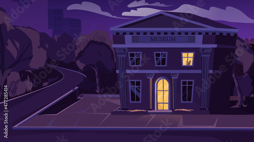 Museum at night exterior concept in flat cartoon design. Building of museum on evening street, light in entrance and window. Cityscape view with municipal institution. Vector illustration background