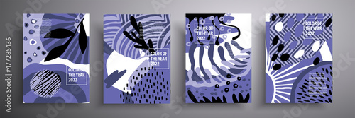 Set of abstract background with leaves in trendy 2022 very peri color. Vector illustration. Beautiful background suitable for cover, poster, brochure, postcards and social media invitations.