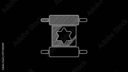 White line Torah scroll icon isolated on black background. Jewish Torah in expanded form. Star of David symbol. Old parchment scroll. 4K Video motion graphic animation photo