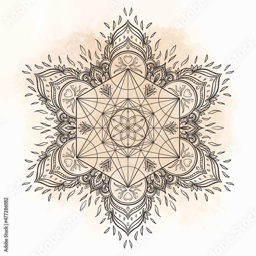 Decorative mandala round pattern with sacred geometry element Metatron Cube, ...