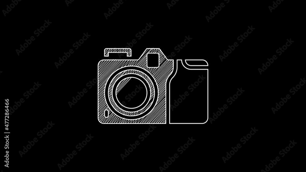 White line Photo camera icon isolated on black background. Foto camera icon. 4K Video motion graphic animation White line Photo camera icon isolated on black background. Foto camera icon. 4K Video motion graphic animation