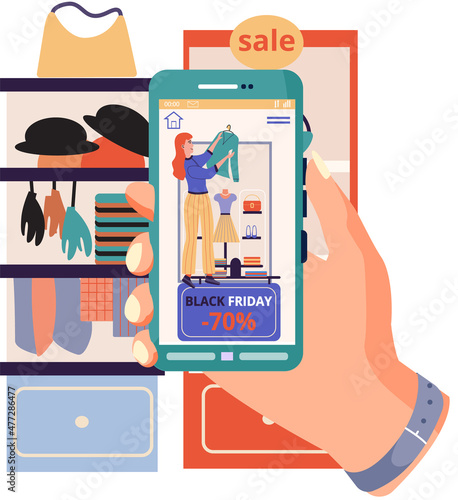 Mobile online shopping. People buy clothes and accessories in online shops, black friday sale. Special offer, discount concept. Modern clothing store, purchases using an application on smartphone