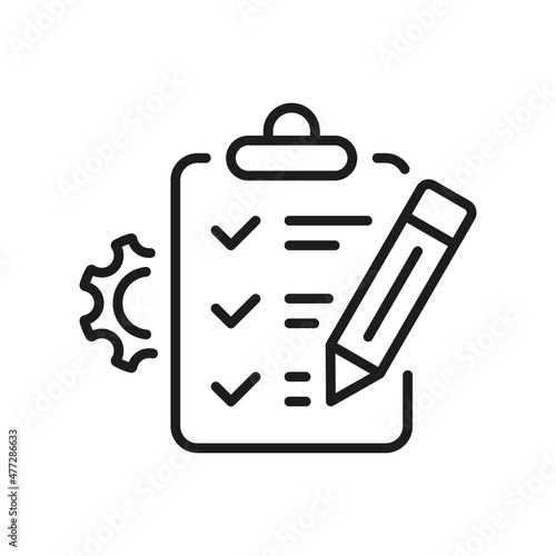 Gear, Clipboard, Pencil Project Setting Checklist Line Icon. Check List and Cog Wheel Management Plan Linear Pictogram. Control Document Outline Icon. Editable Stroke. Isolated Vector Illustration