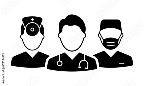 Team of Medic Professional Doctors Silhouette Icon. Male Physicians Specialist, Otolaryngologist and Surgeon Pictogram. Assistants and Nurse Black Icon. Isolated Vector Illustration