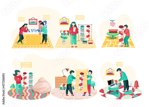 Manufacture, sale of carpets and materials. People working on design of new carpet, interior shop scenes set. Designers stand near rug in room with rolled carpets, choose materials, textile factory