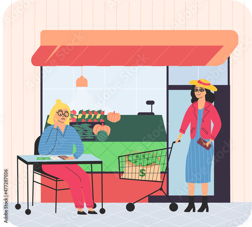 People in grocery store with fresh food, fruits, vegetables. Rich and poor buyers and visitors in food market. Tramp begging rich people on street. Richness and poverty, wealthy person and unemloyed