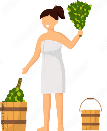 Woman wearing bath towel sits on wooden bench at hot steam sauna. Relaxing and wellness in finnish, russian bath or spa center. Warm therapy female hot steam in sauna bathing character in bathhouse