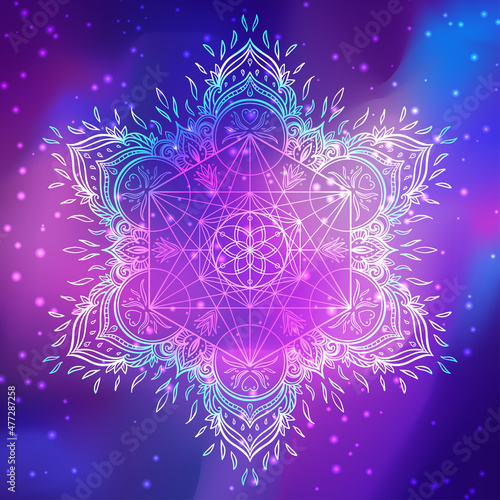 Decorative mandala round pattern with sacred geometry element Metatron Cube, ...