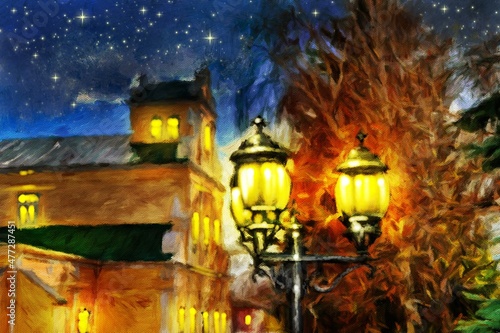 Oil paintings landscape, old lantern in the night. Fine art, street lamp in the night