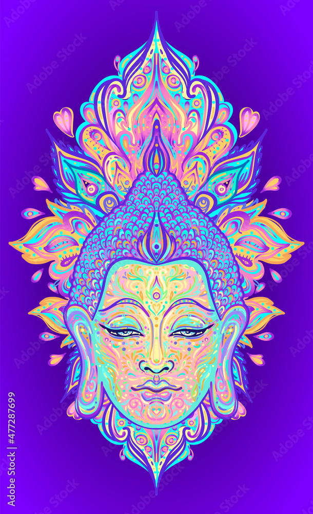 Ornate mandala patterned face of Lord Buddha. Esoteric vintage vector illustration. Indian, Buddhism, spiritual art. Hippie tattoo, spirituality, Thai god, yoga mat design.
