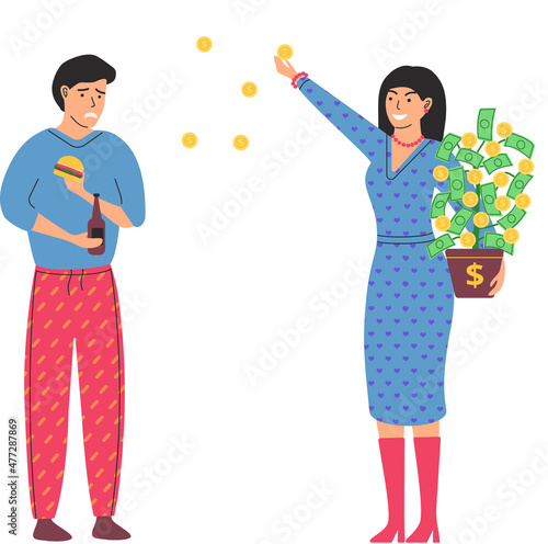Gap between rich and poor. Rich happy woman scatter money, unhappy poor man eats cheap fast food. Financial success concept with cartoon penniless person and wealthy lady. Financial superiority