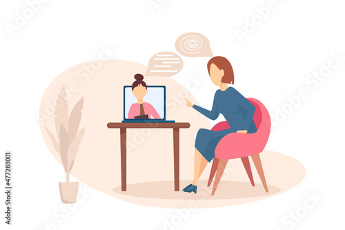 Vector illustration of online psychological help service. Girl communicates with a psychologist via a laptop