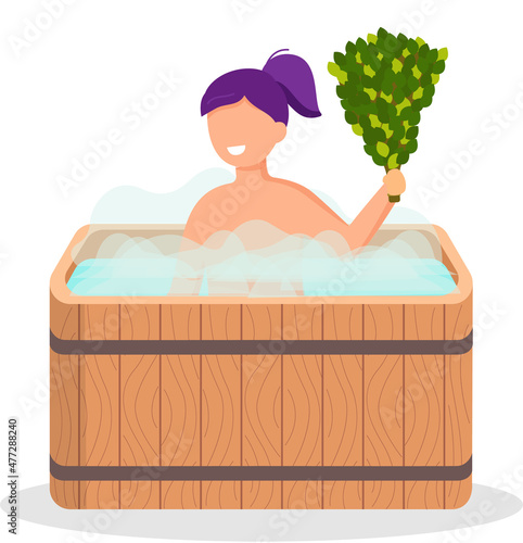 Woman wearing bath towel sits on wooden bench at hot steam sauna. Relaxing and wellness in finnish, russian bath or spa center. Warm therapy female hot steam in sauna bathing character in bathhouse