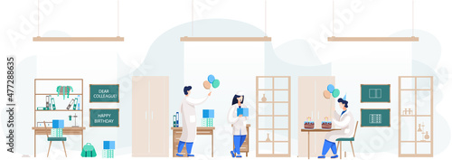 Birthday party in hospital, fun entertainment in medical office. Doctors organize holiday congratulate colleague. Interaction, entertainment at workplace. Team of medics giving gifts and cake