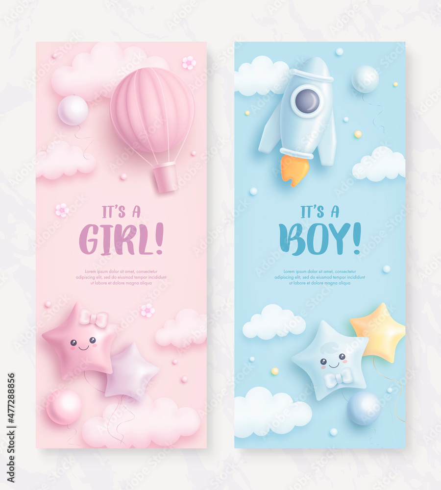 Set of baby shower vertical banner with cartoon rocket and hot air balloon on blue and pink background. It's a boy. It's a girl. Vector illustration - obrazy, fototapety, plakaty 