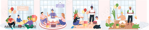 Birthday party in office flat vector illustration. Workers organize holiday, congratulate boss. Interaction, entertainment at workplace. Business team celebrate giving gifts and cake to colleague
