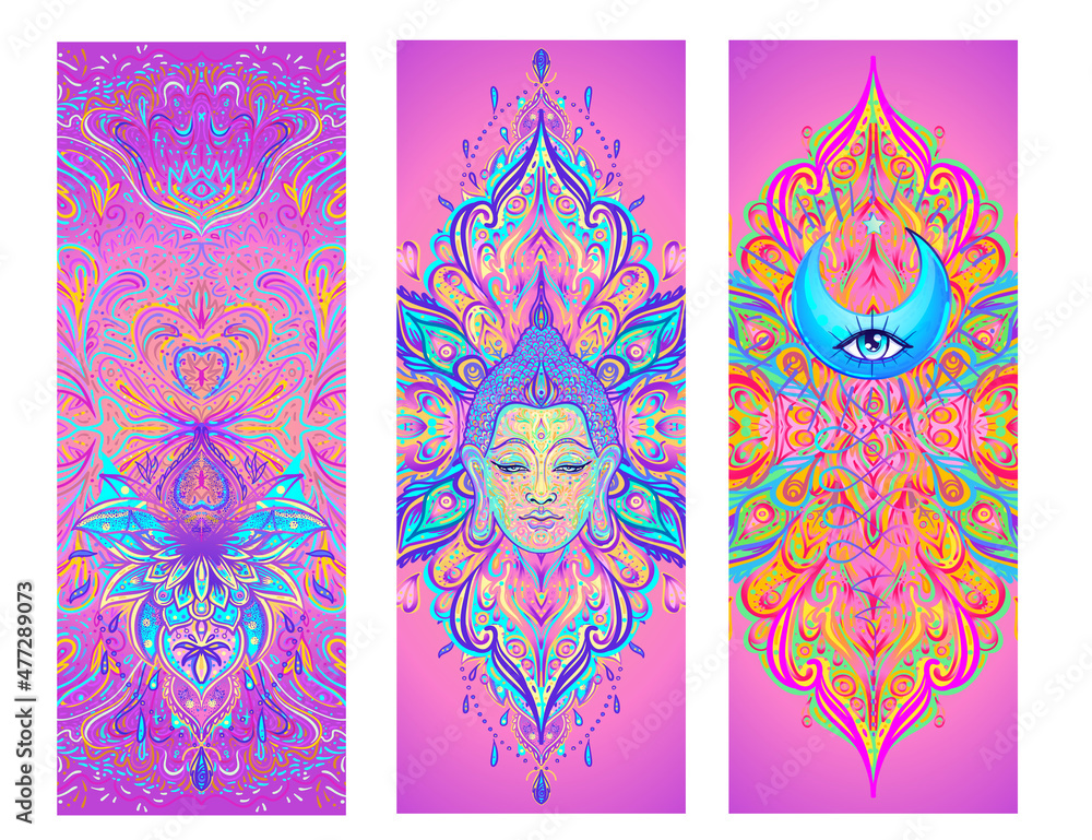 Fototapeta premium Yoga card, flyer, poster, mat design. Colorful template for spiritual retreat or yoga studio. Ornamental business cards, oriental pattern. Vector illustration