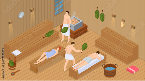 Sauna and steam room. Set of people in sauna. People relax and steam with birch brooms in traditional russian stove for female and male. Finnish bathhouse. Public sauna, Friends in spa resort