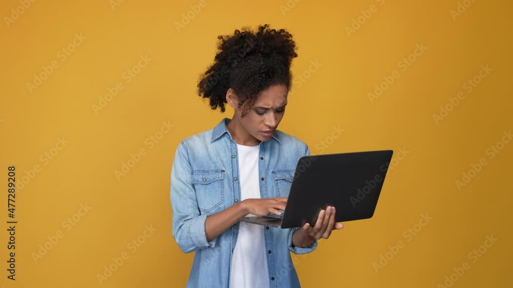 Frustrated manager lady use netbook typing isolated shine color background Frustrated manager lady use netbook typing isolated shine color background
