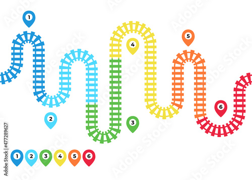 Railroad track with stations map, railway route for train. Colorful railway timeline with district location area, rail track direction with map point. Industrial maze infographic. Vector illustration
