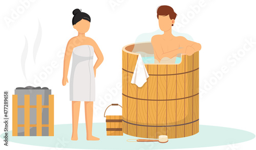 Cartoon people characters taking steam bath together. Flat vector illustration. Woman and man enjoying baths and steam, hammam with sauna whisk. Relax, health, bathhouse concept, wellness procedure