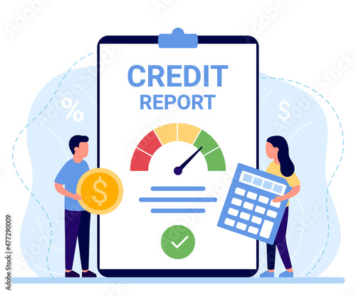 Score credit report document, good rating loan. Personal credit gauge information, approved credit, mortgage, loan. Vector illustration