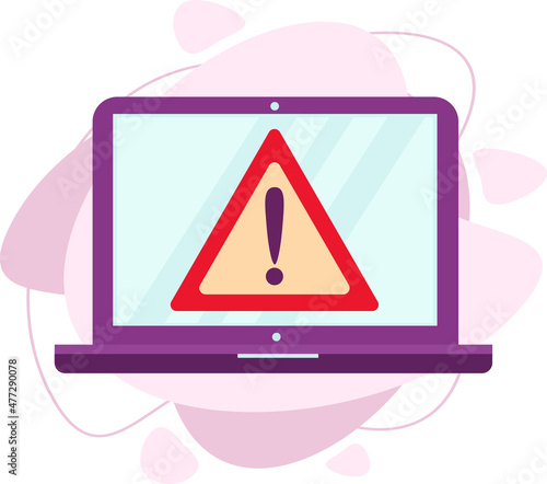 Notification. A laptop with an exclamation mark icon on the screen. Computer message, warning concepts.