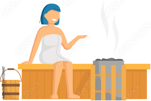Woman wearing bath towel sits on wooden bench at hot steam sauna. Relaxing and wellness in finnish, russian bath or spa center. Warm therapy female hot steam in sauna bathing character in bathhouse