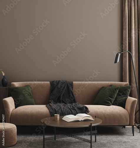 Home interior mock-up with modern brown sofa, table and decor in living room, 3d render