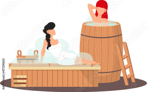 Woman wearing bath towel sits on wooden bench at hot steam sauna. Relaxing and wellness in finnish, russian bath or spa center. Warm therapy female hot steam in sauna bathing character in bathhouse
