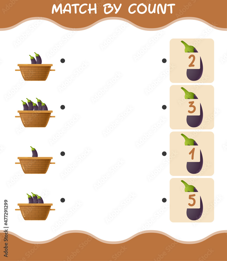 Match by count of cartoon eggplant. Match and count game. Educational game for pre shool years kids and toddlers Match by count of cartoon eggplant. Match and count game. Educational game for pre shool years kids and toddlers