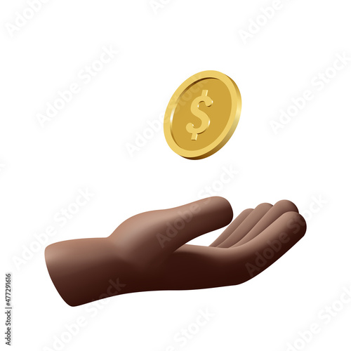The black man's hand flips a coin. Color vector illustration, 3D realistic style. White isolated background.