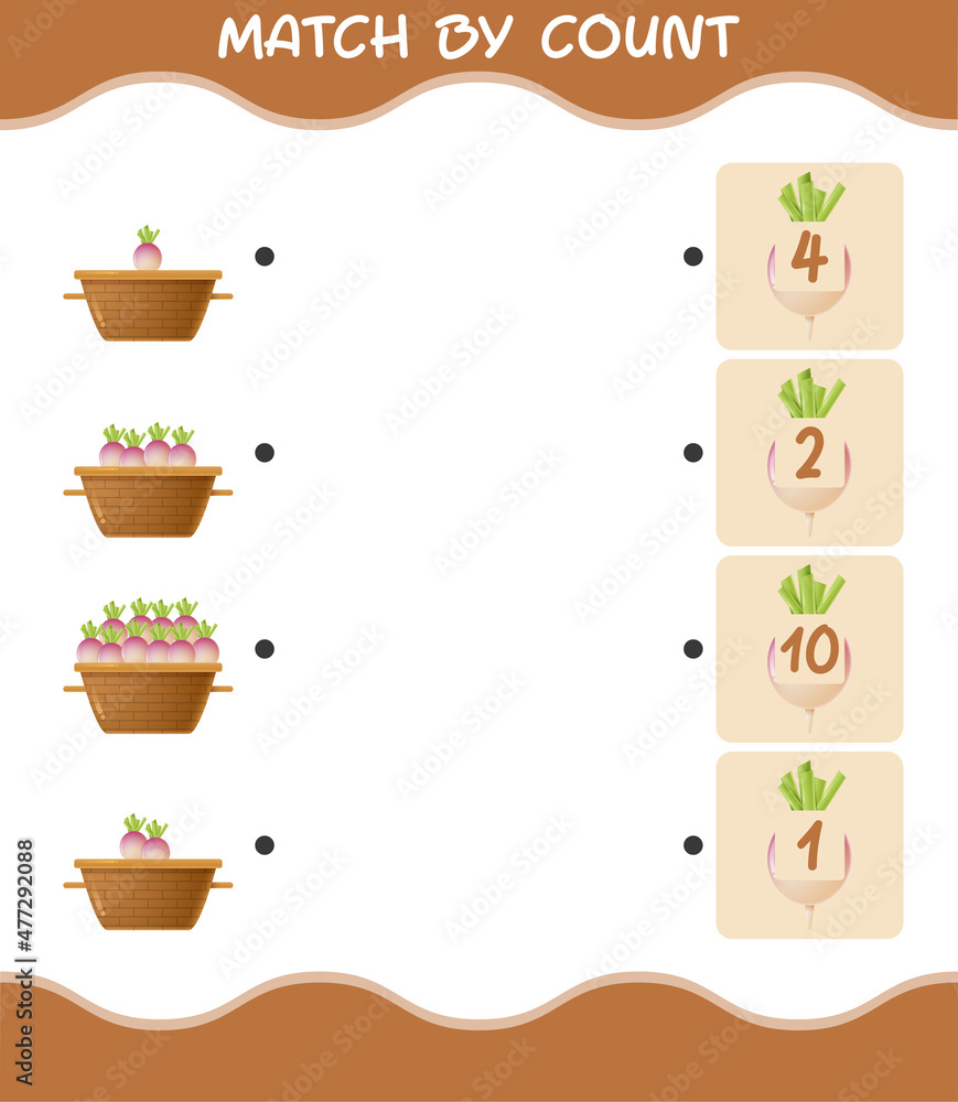 Match by count of cartoon turnip. Match and count game. Educational game for pre shool years kids and toddlers Match by count of cartoon turnip. Match and count game. Educational game for pre shool years kids and toddlers