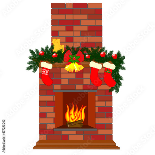 Cartoon fireplace with Christmas decorations and socks